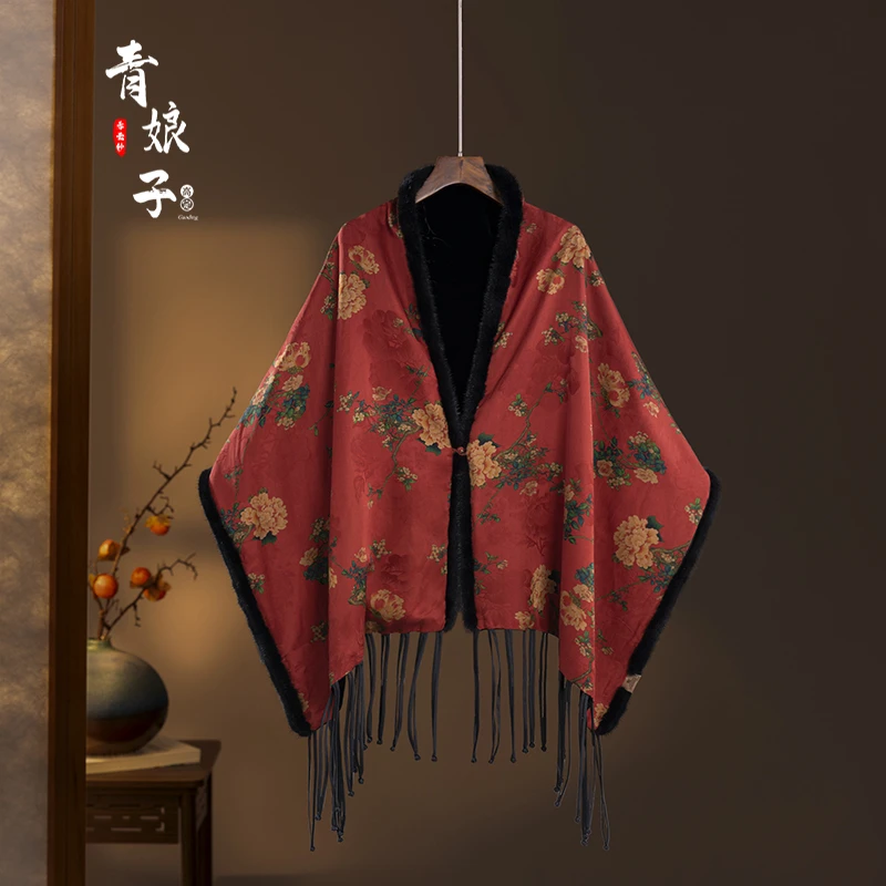 青娘子香云纱（瑶瑾）重缎印花花萝提花拼水貂毛双面时尚披肩51495