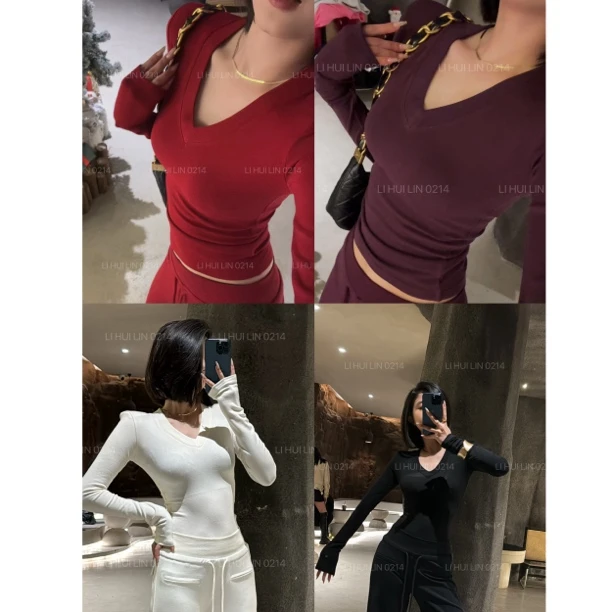 LIHUILIN/V领性感薄绒纯欲垫肩上衣