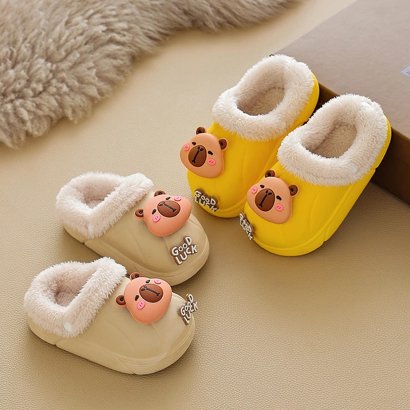 宝宝冬季卡皮巴拉棉拖鞋加绒加厚可拆卸防水防滑儿童可爱棉拖鞋