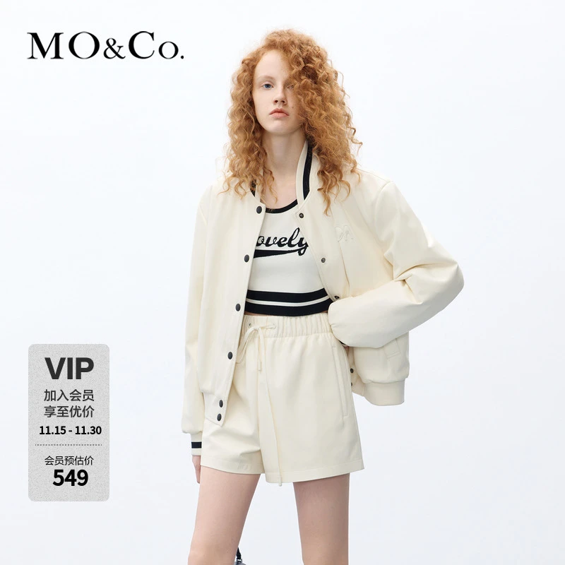 MOCO秋PU皮衣外套风街头棒球服黑色杏色轻职场MBC3COTT08