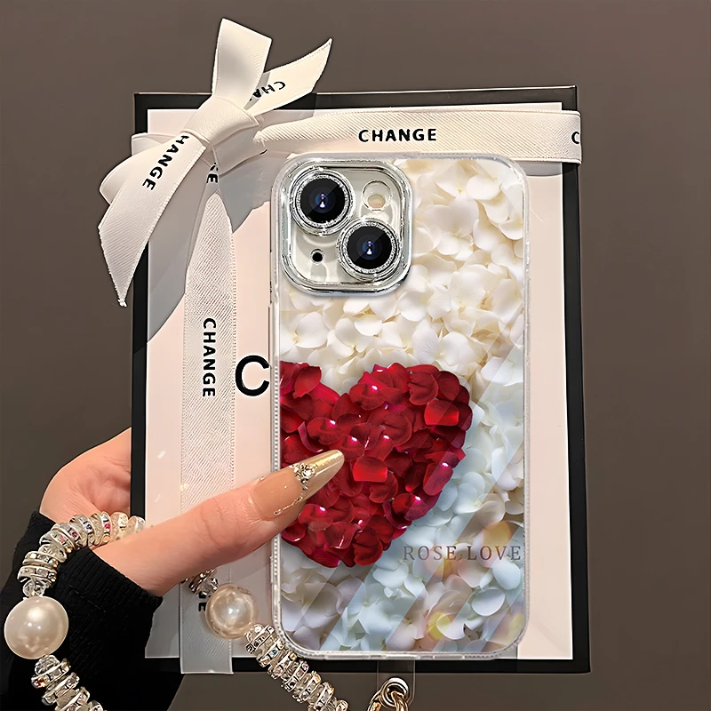 适用于【苹果】14红色爱心玫瑰花瓣时尚精孔羽纱手机壳