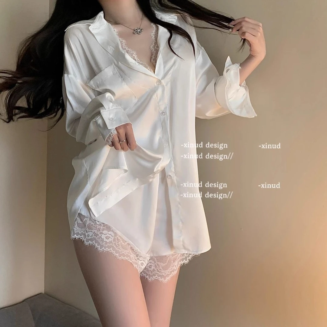2025升级版男友风衬衫性感蕾丝睡衣女士长袖薄款诱惑家居服套装女