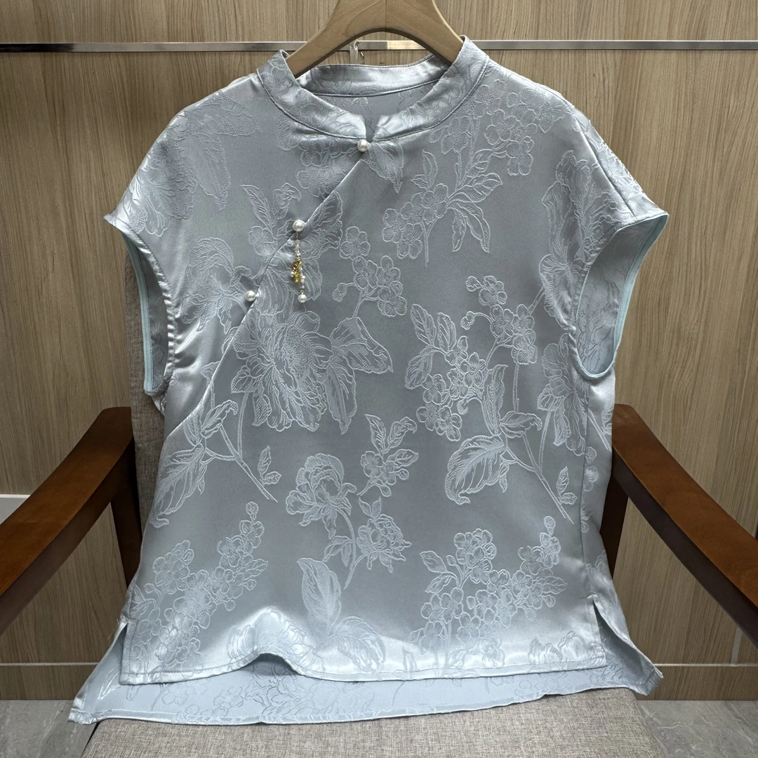 植物花卉提花薄款短袖立领上衣新中式夏季无袖1079