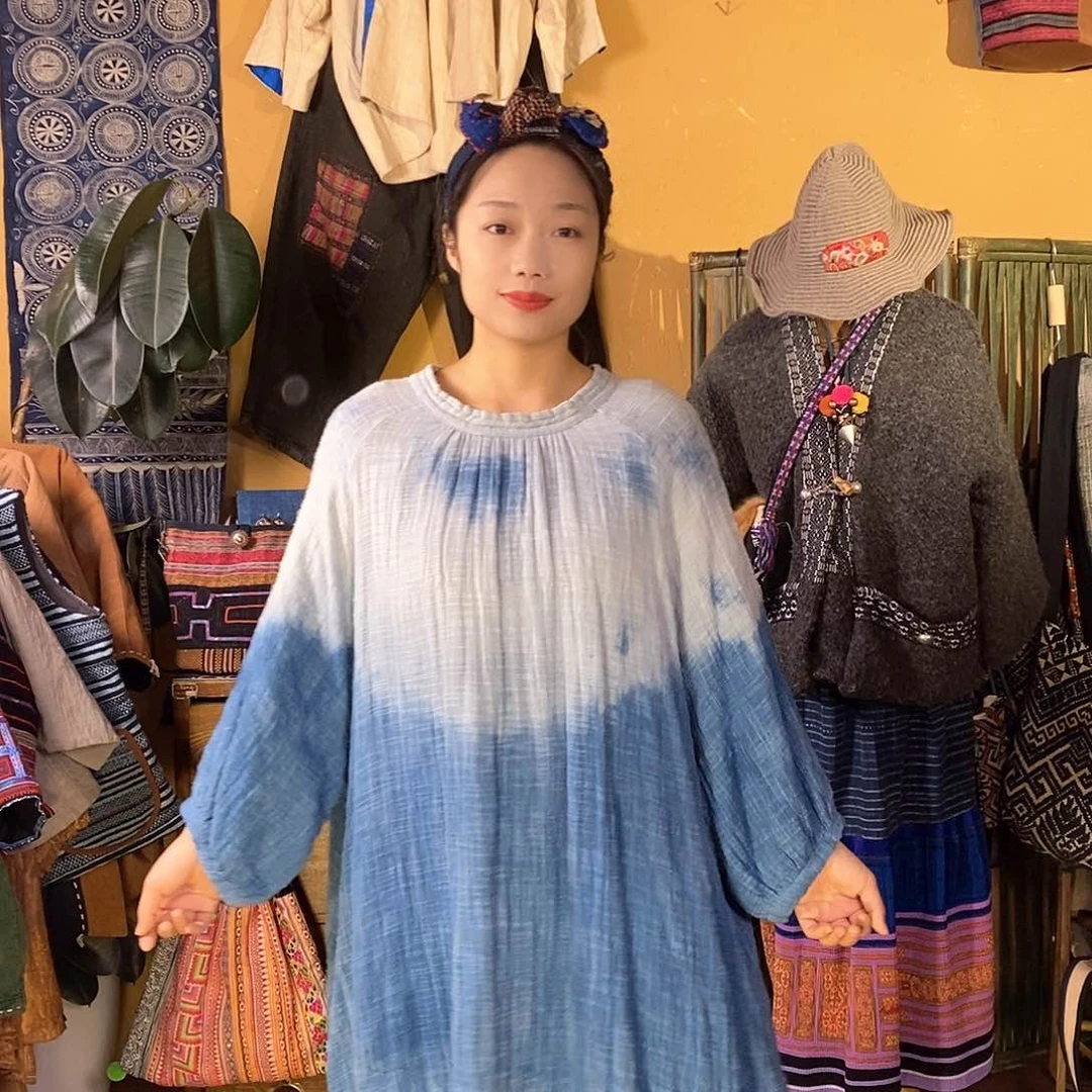 织绣幺*子手工扎染连衣裙