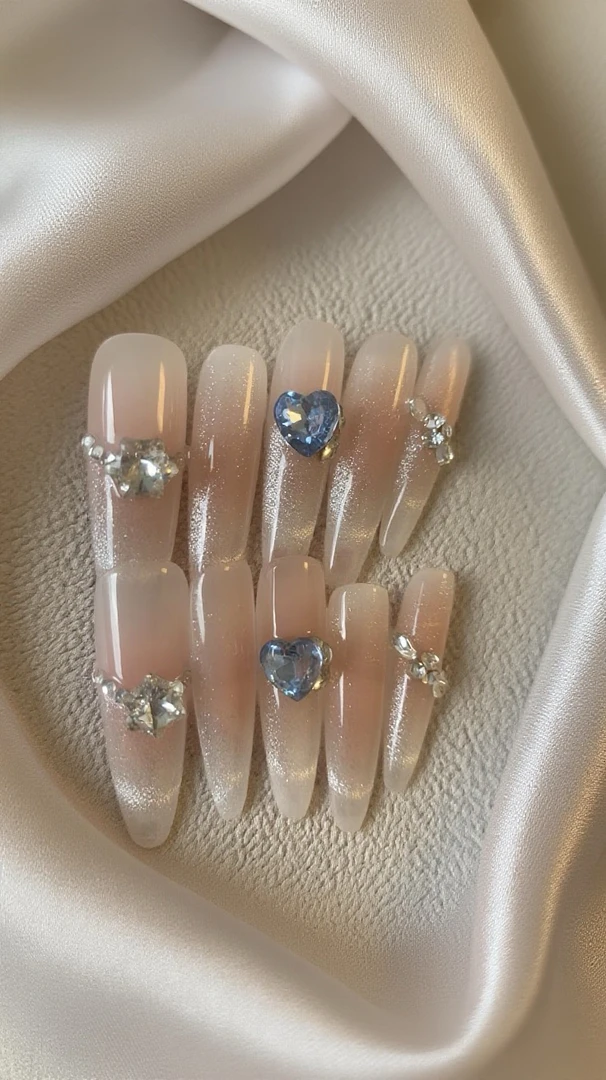 夏日清凉温柔冰蓝豹纹蝴蝶结星星半手工法式穿戴甲碎钻冰透中长款