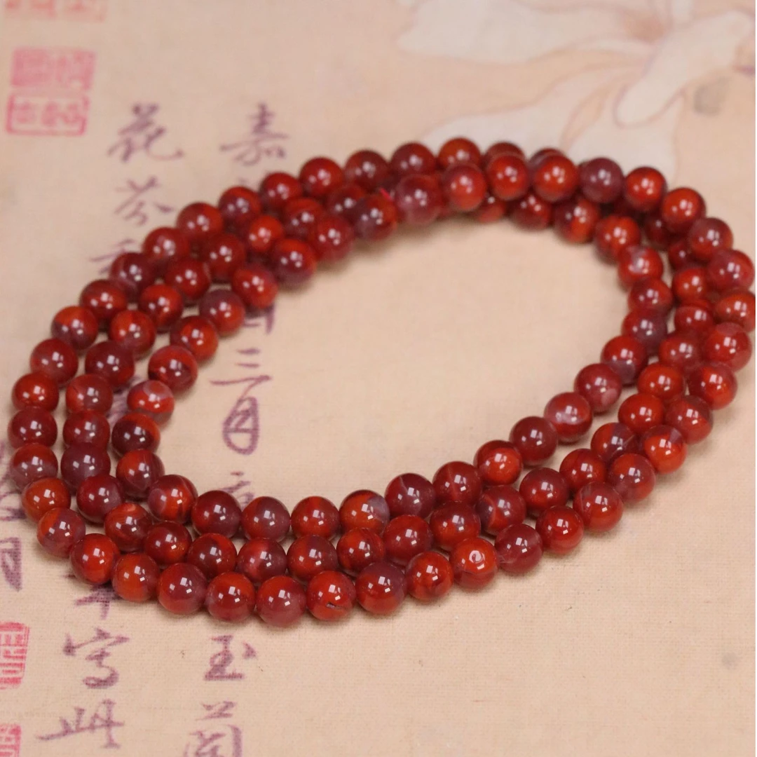 108A43天然凉山高品质南红双色锦红火焰多圈手串项链 多样性发