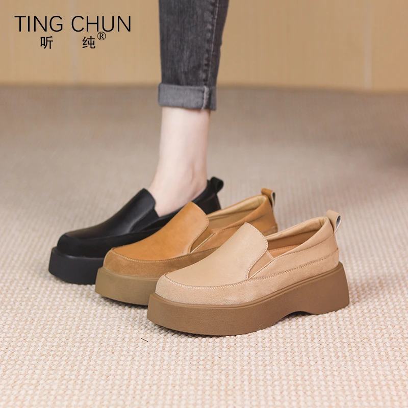 听纯8817休闲时尚2025春秋真皮鞋厚底英伦百搭平底女鞋一脚蹬单鞋