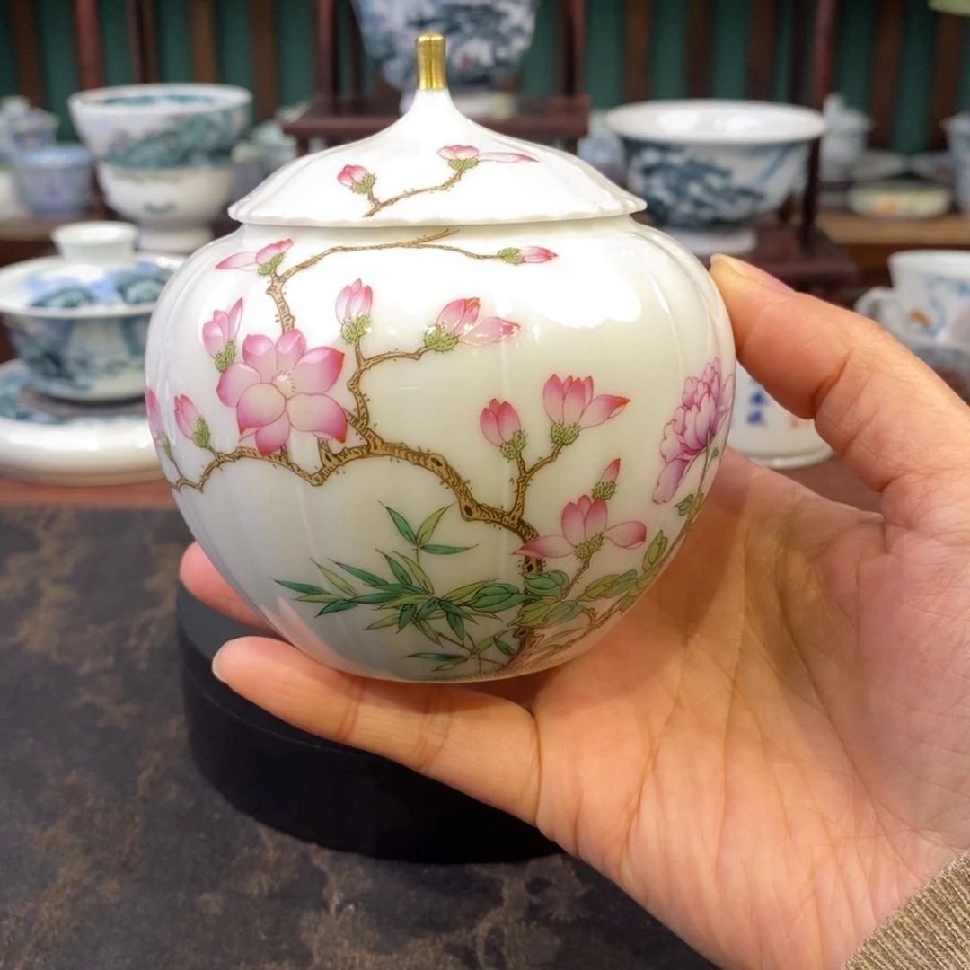 手工陶瓷珐琅玉兰花茶叶罐