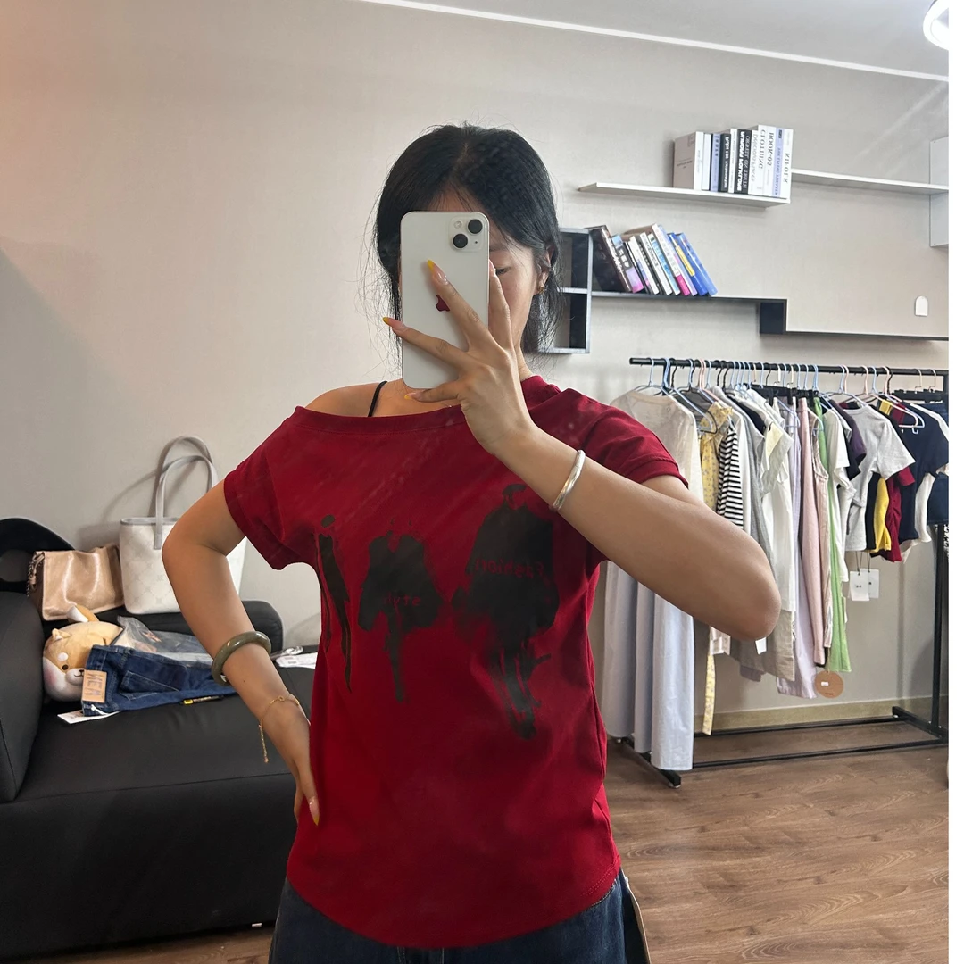 斜肩T恤时尚常规款短袖女士杂志风印花修身国风休闲百搭夏季