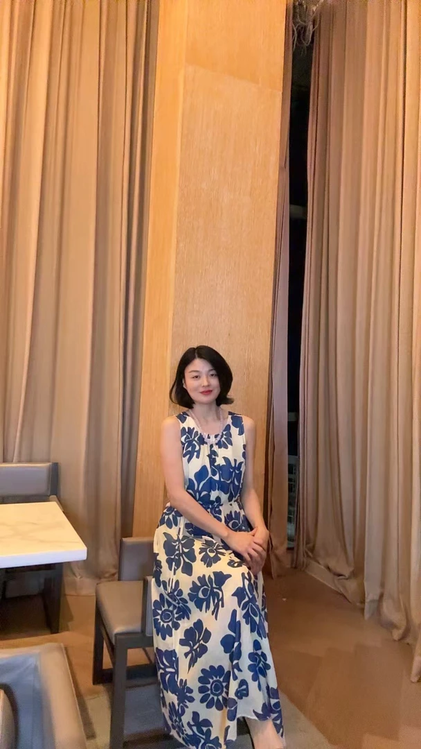 TANTAN  苎麻100 气质蓝色印花无袖连衣裙1791