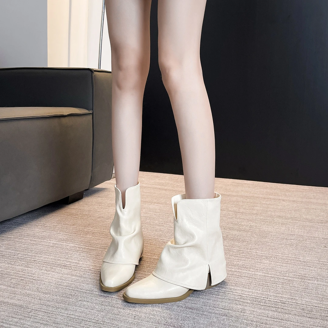 尖头堆堆靴粗跟千金风尖头欧美风女短靴时尚英伦风幂式穿搭女款