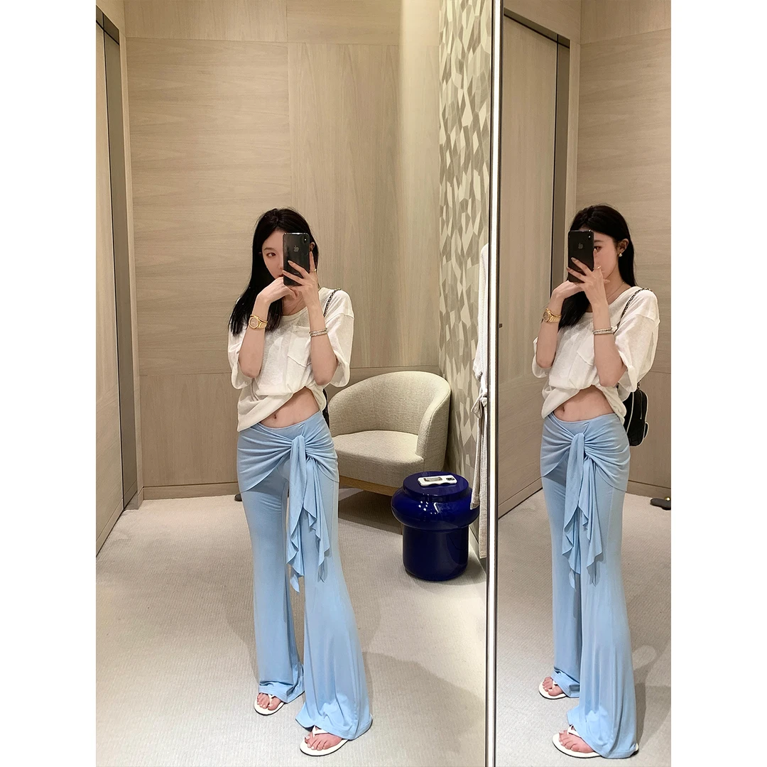 区区欧阳 假两件绑带微喇裤女夏季修身显瘦喇叭裤休闲裤拖地裤子