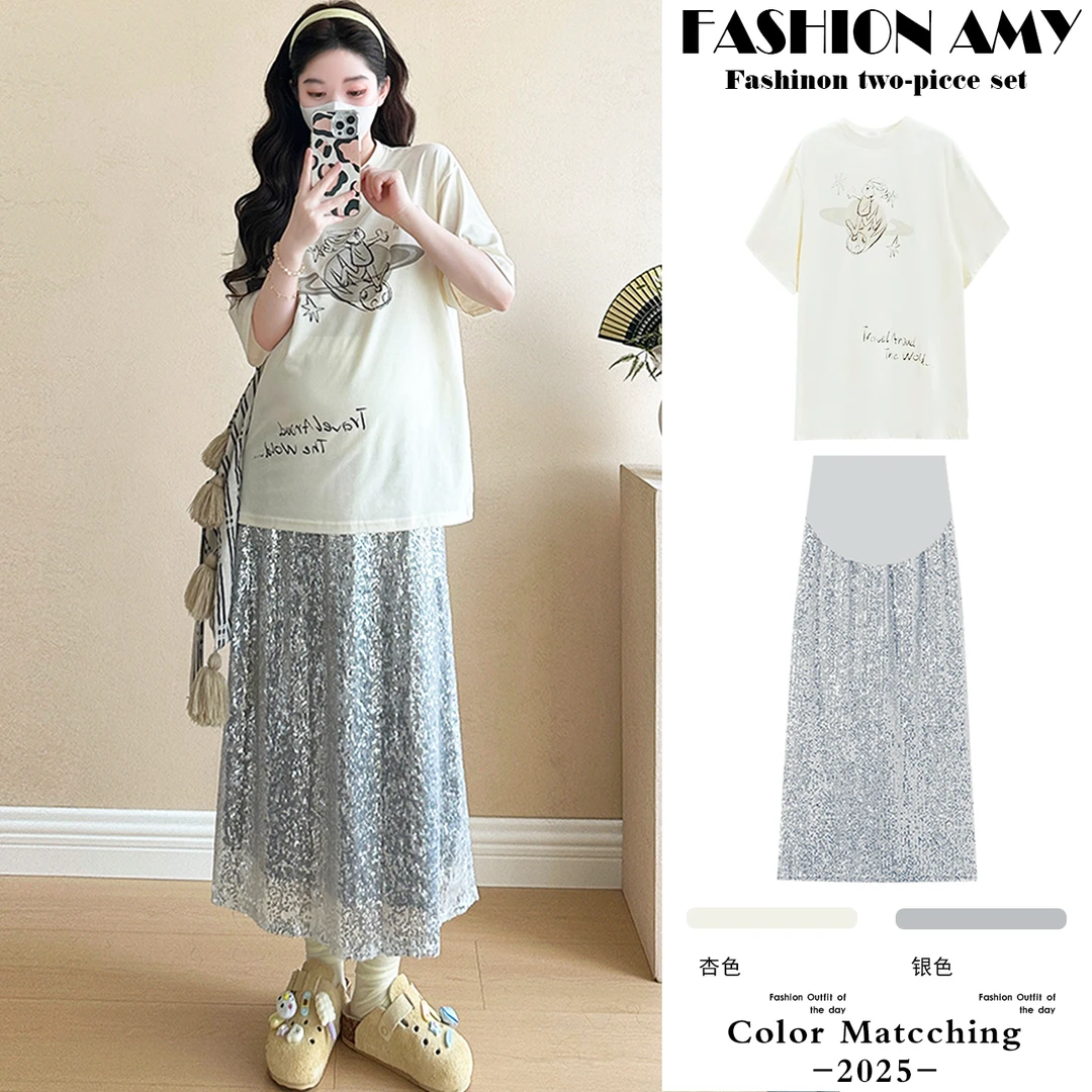 孕妇装夏装新款洋气时尚宽松休闲兔子印花T恤显瘦亮片半身裙套装1