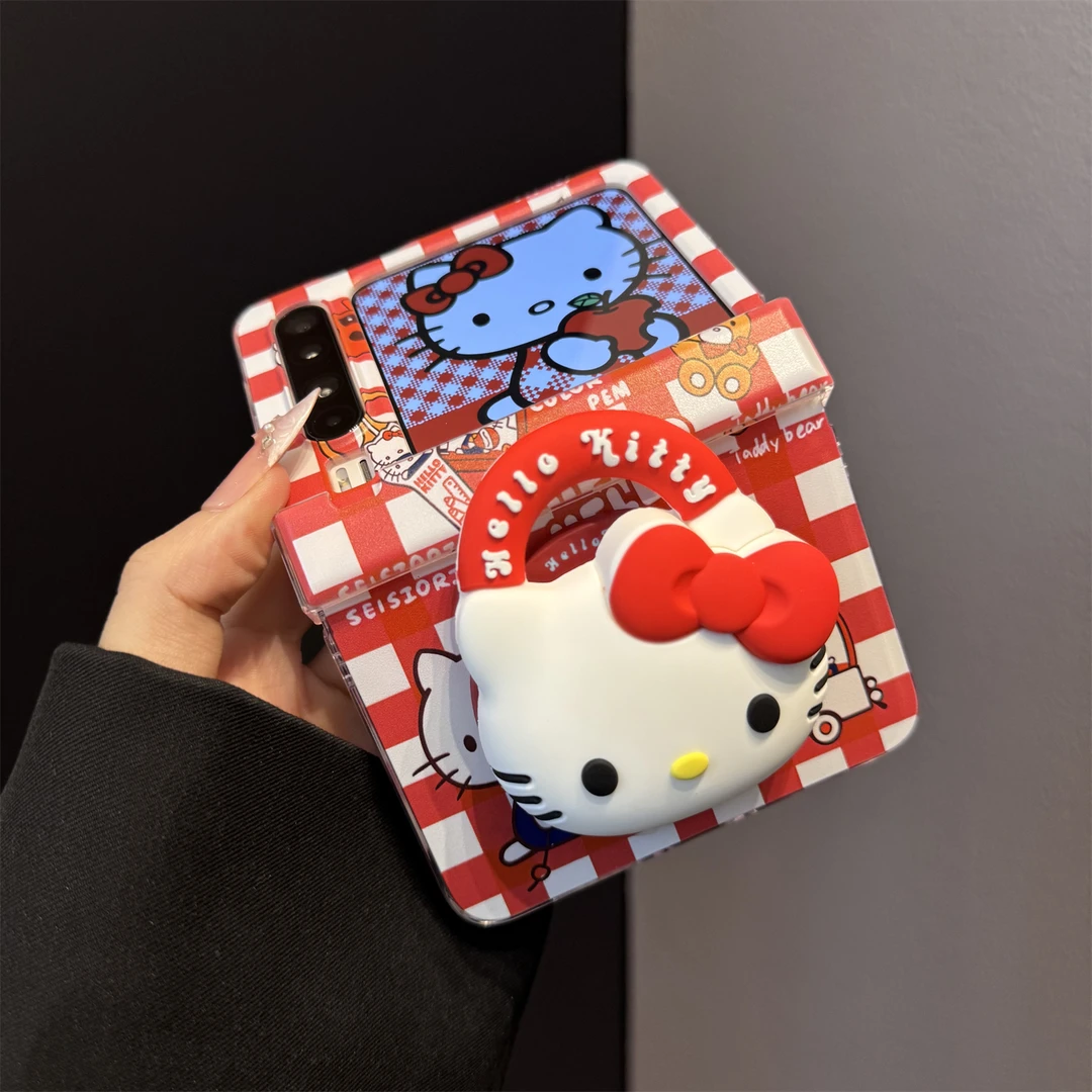 适用华为purax折叠屏手机壳红色格纹pocket2立体硅胶kt猫磁吸支架