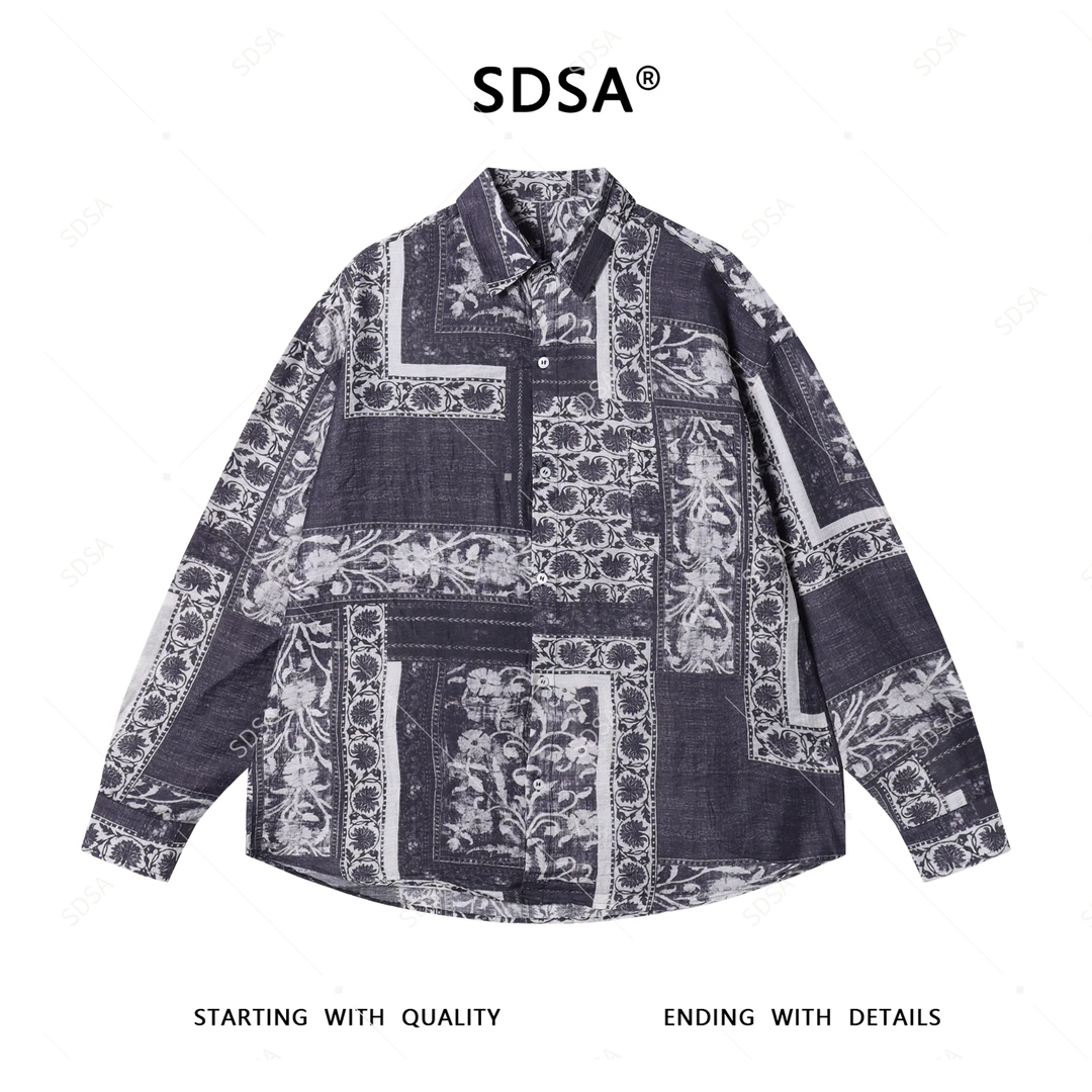 SDSA秋季新款男士痞帅简约撞色花卉纽扣长袖衬衫韩系百搭舒适休闲