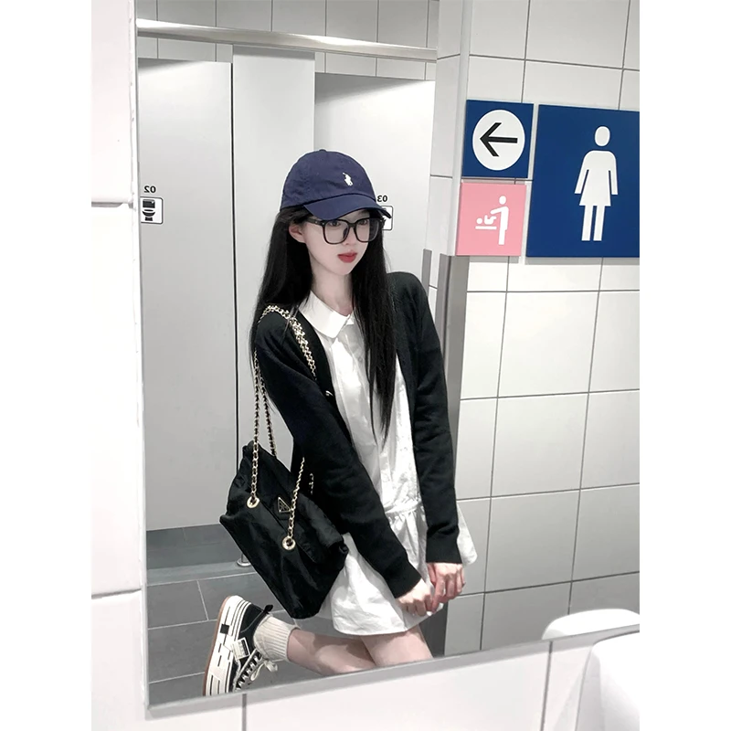 早春洋气衣服女一整套黑色长袖针织开衫叠穿减龄娃娃领衬衫连衣裙