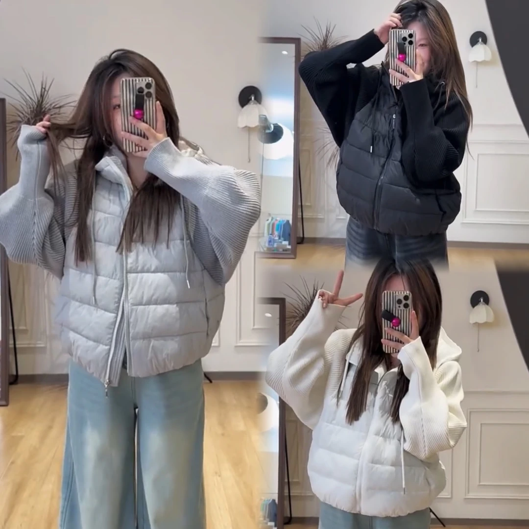 新款韩版大码胖MM拼接针织袖棉服休闲风通勤百搭加厚外套