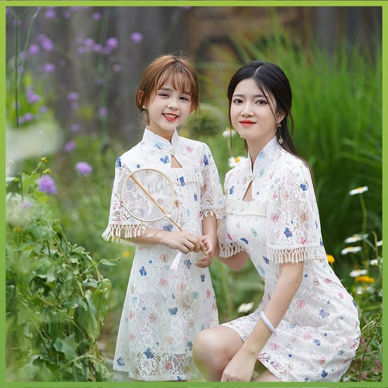 2025新款夏季亲子旗袍母女装时尚蕾丝中国风连衣百搭儿童服装