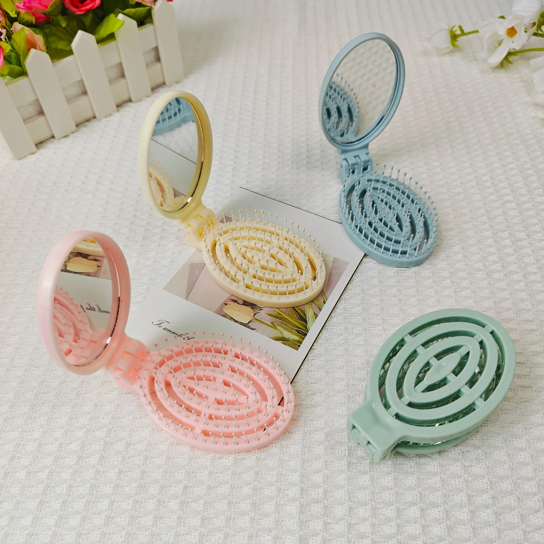 圆形折叠镜梳女士梳子镜子齿梳家用可爱宿舍小巧学生随身便携镜子