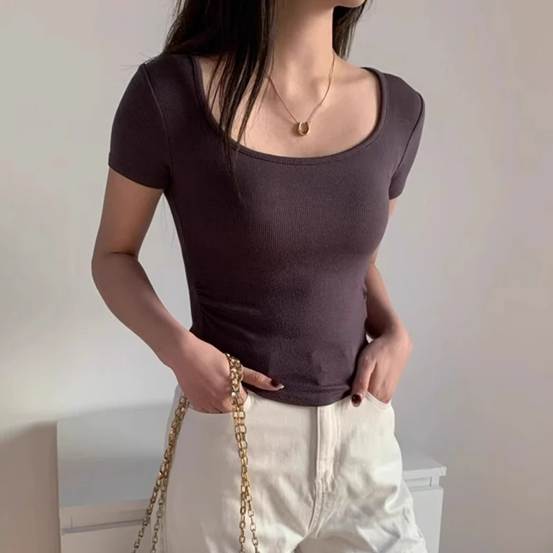 2025春夏设计感小众短袖T恤女方领辣妹收腰卡腰短款露脐别致上衣