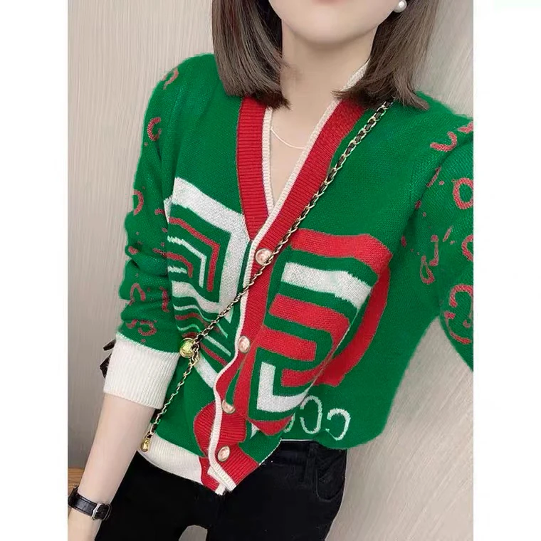 【秋季新款】CD164绿色上衣女气质V领提花时尚百搭洋气休闲针织开衫