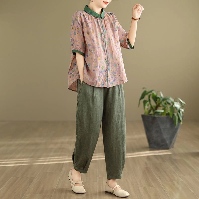 中老年妈妈棉麻亚麻短袖衬衫套装洋气两件套夏装新款女苎麻上衣