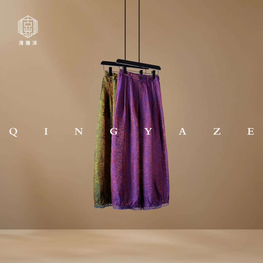 紫电鎏光！人丝提花偏光拼蕾丝新中式休闲裤！GZ6308
