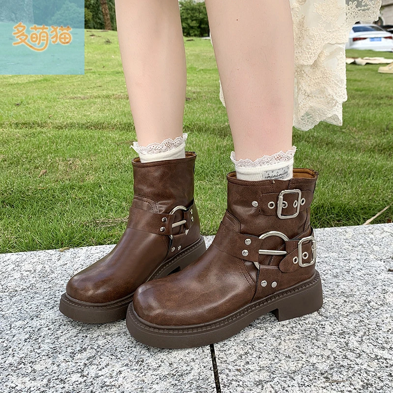 粗跟马丁靴女2025年英伦风复古超绝方头短靴套筒西部牛仔靴骑士靴