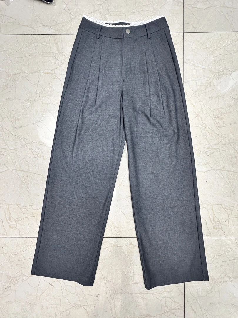 1515蕾丝花边灰色直筒拖地裤高级感满满订单货百搭高腰简约商务