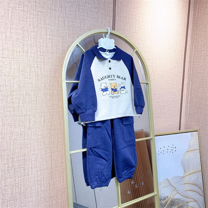 AE186     宝宝蓝色拼接单层长袖套装 春款