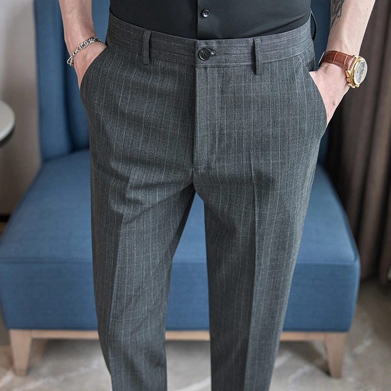 高端格纹休闲西裤男高级感春秋新款商务正装修身垂感九分西装裤子