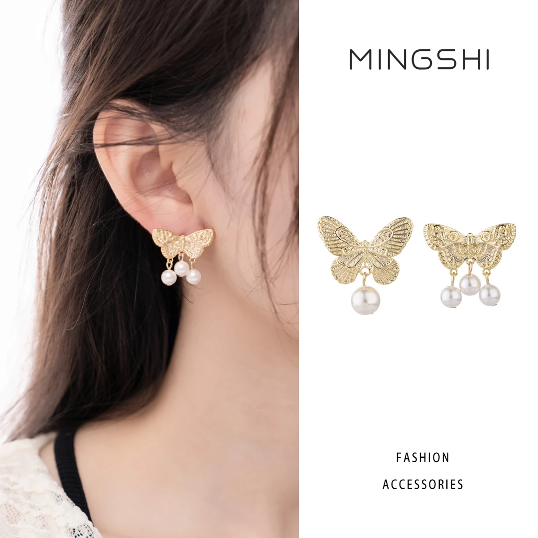 名式 铜合金仿珍珠耳饰 小众复古不对称精致蝴蝶珠珠耳环QJD822