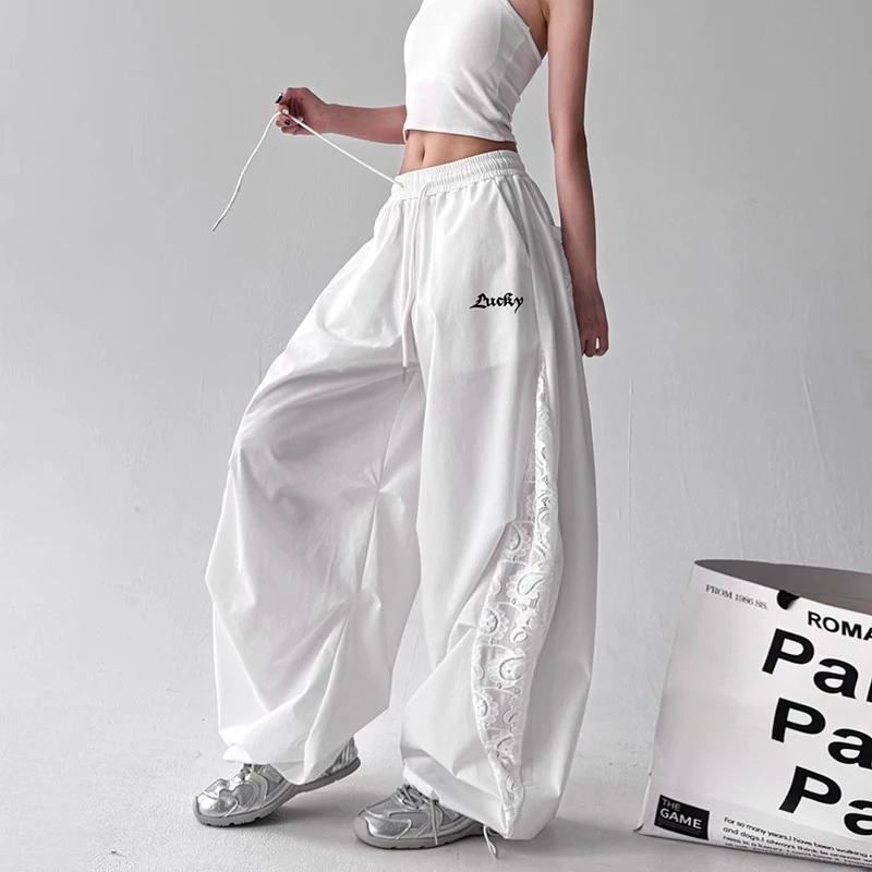 白色蕾丝阔腿裤女2025新款夏季薄款镂空拼接宽松垂感高级感休闲裤