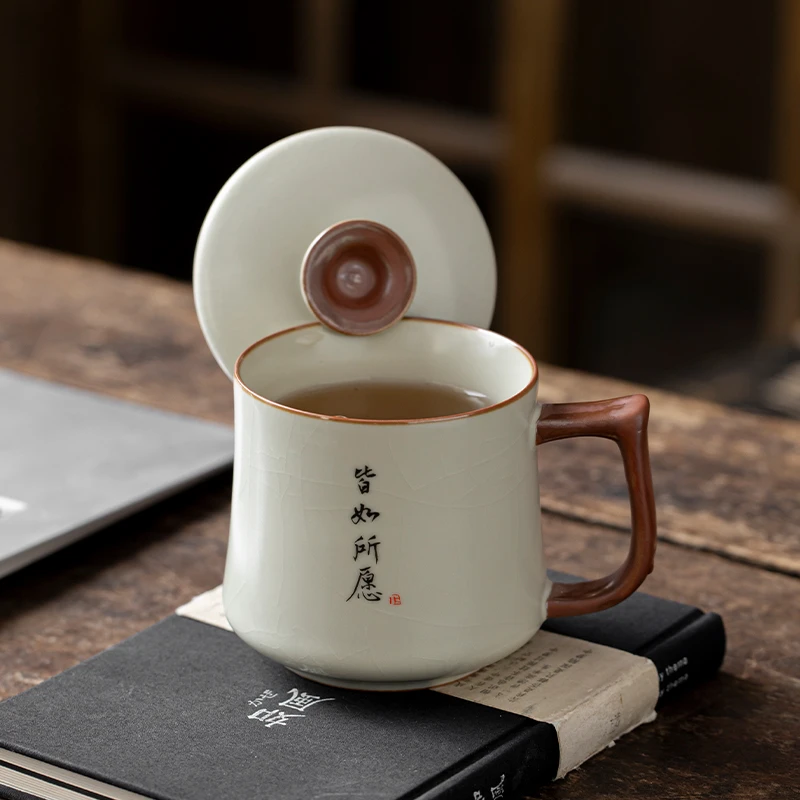 汝窑马克杯陶瓷杯子办公室水杯大容量家用喝茶咖啡杯水杯手写定制