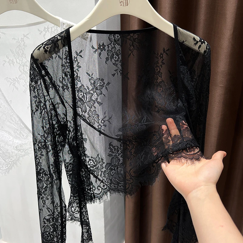 黑色时髦洋气轻奢高级感蕾丝小开衫2025夏季新款小众设计外搭上衣