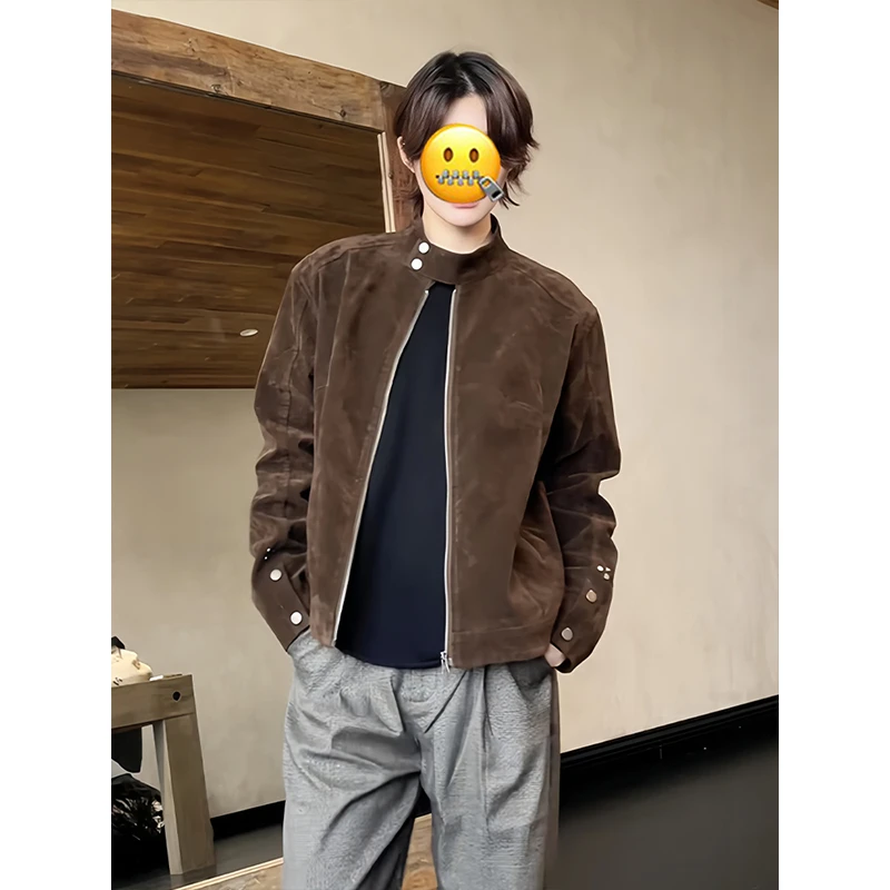 美式cleanfit咖色绒皮短款外套男款秋季老钱风复古立领哈灵顿夹克