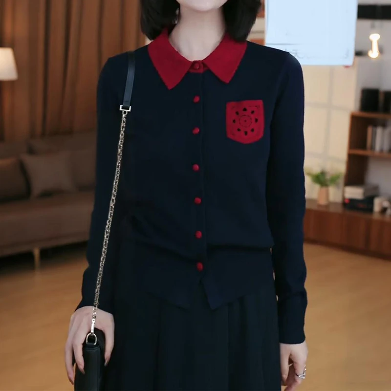 设计感撞色翻领单排扣针织开衫女2025冬季新款宽松显瘦减龄上衣潮