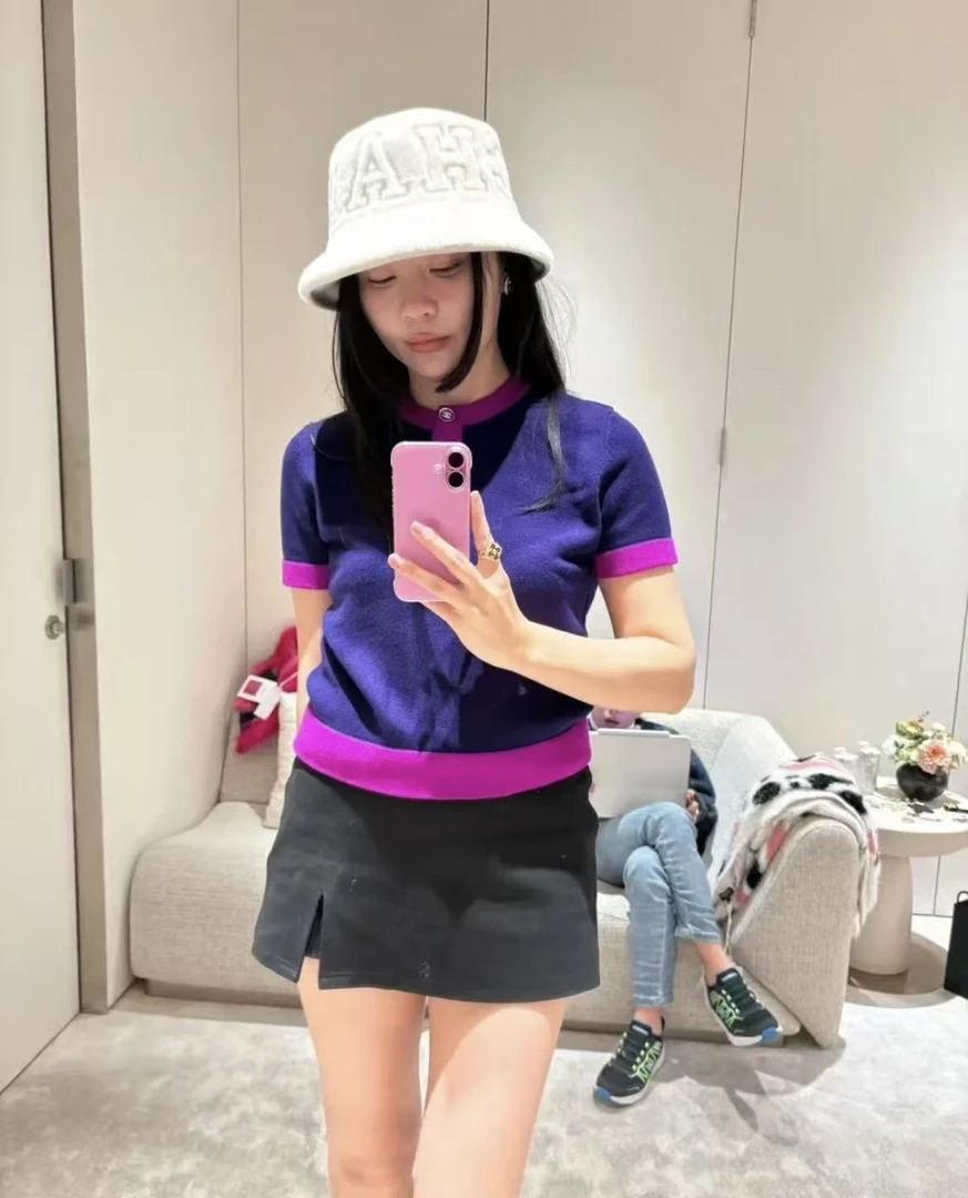 未使用 Chanel/香奈儿 蔚蓝/23B羊绒拼色短袖/38码/TT0209N058