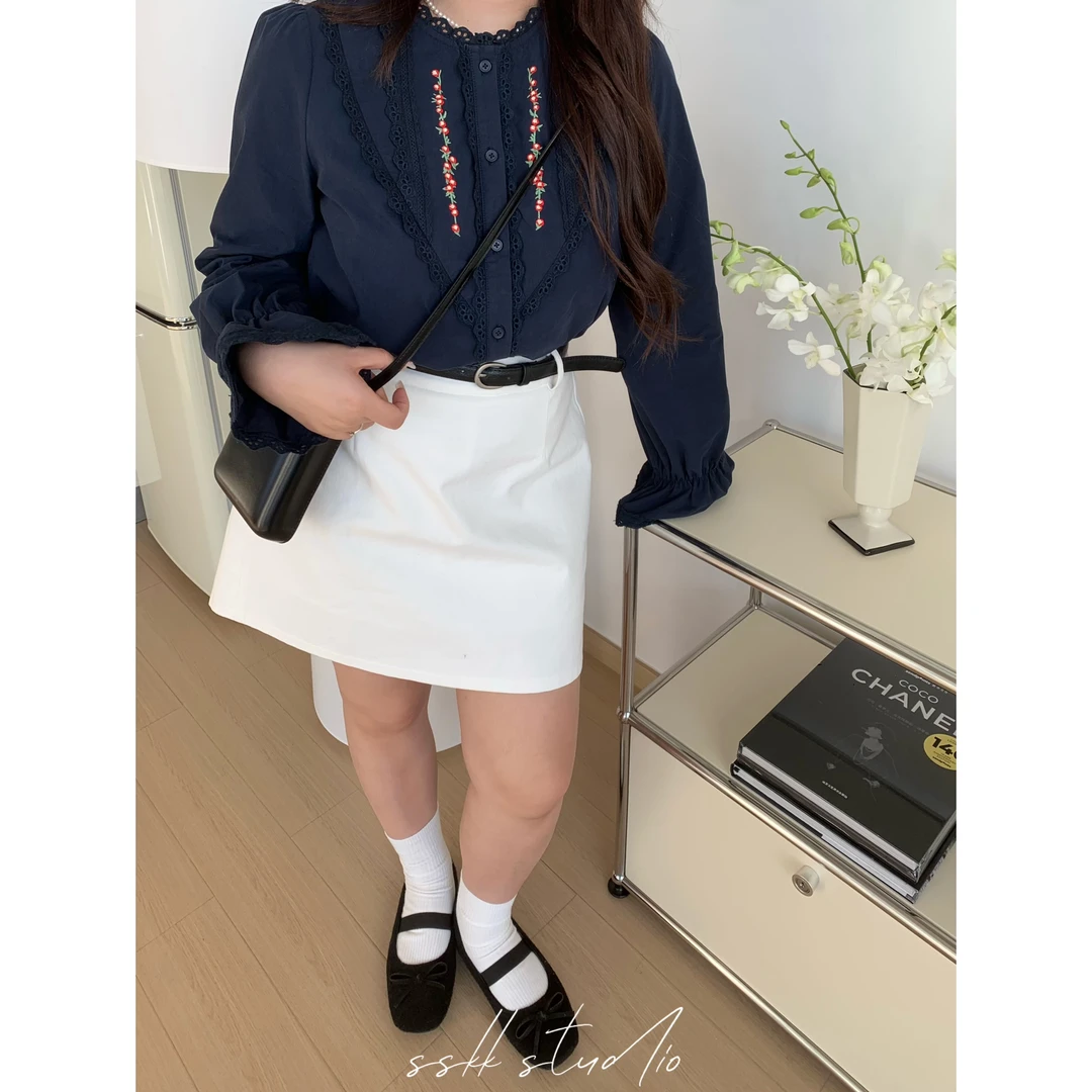 KMZY/KMZY山_山【费尔岛晚风】微胖mm韩版气质款白色半身裙（带腰带）