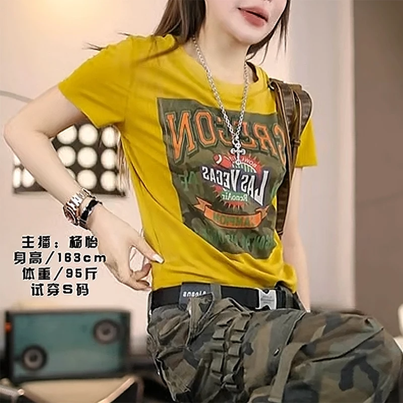 今年流行辣妹短袖打底T恤女夏季2025新款欧美风短款印花高腰上衣