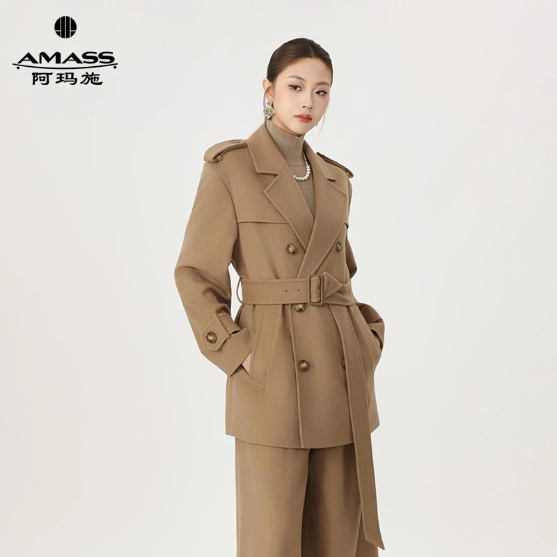 AMASS/阿玛施新款琥珀流光英伦风双排扣挺括气质羊毛呢外套540044