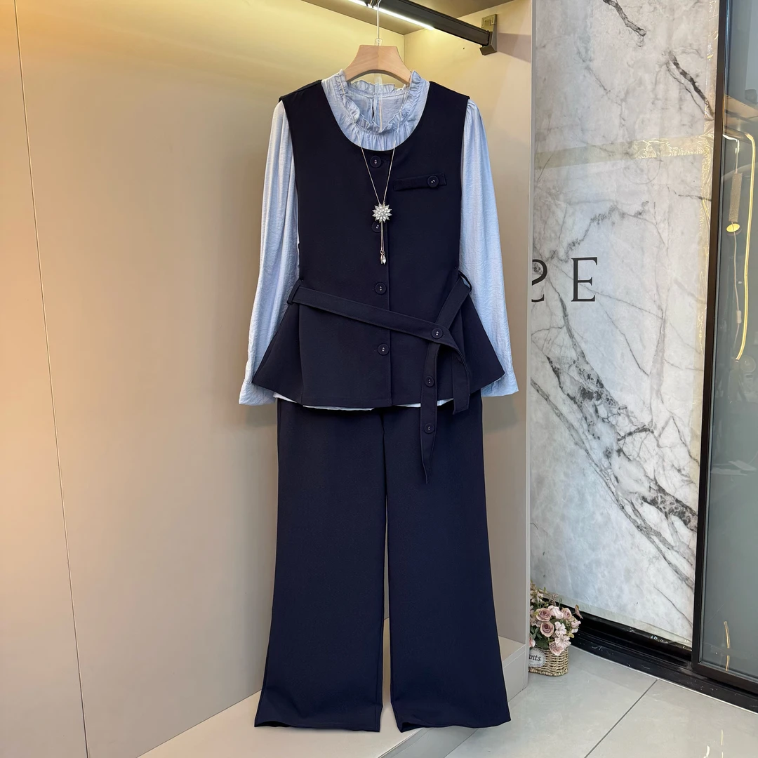 2025秋季新款宽松时尚显瘦通勤风绑带马甲+打底衫+裤子三件套9083
