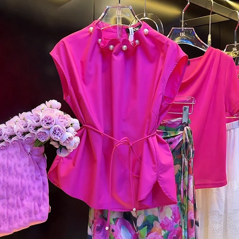 2025夏季新款法式重工钉珠无袖衬衫女设计感系带时尚减龄上衣