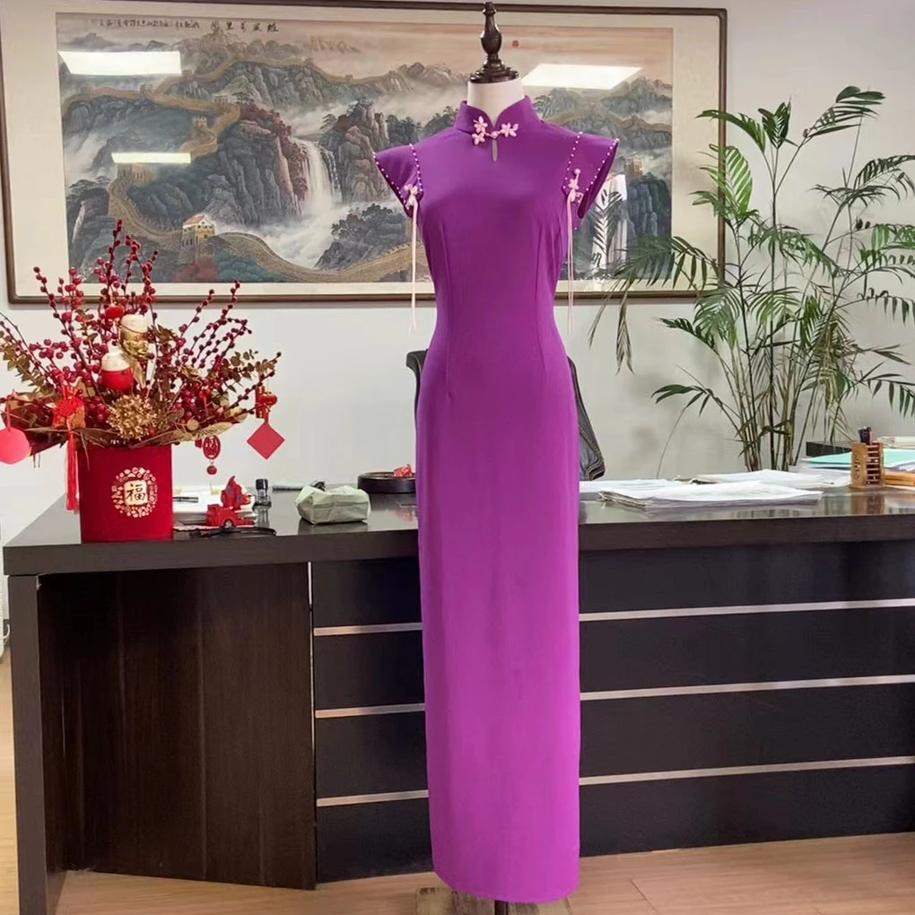 娴馨(紫夏轻语)海派甜美风鸡心领手工无袖长款日常改良显年轻旗袍