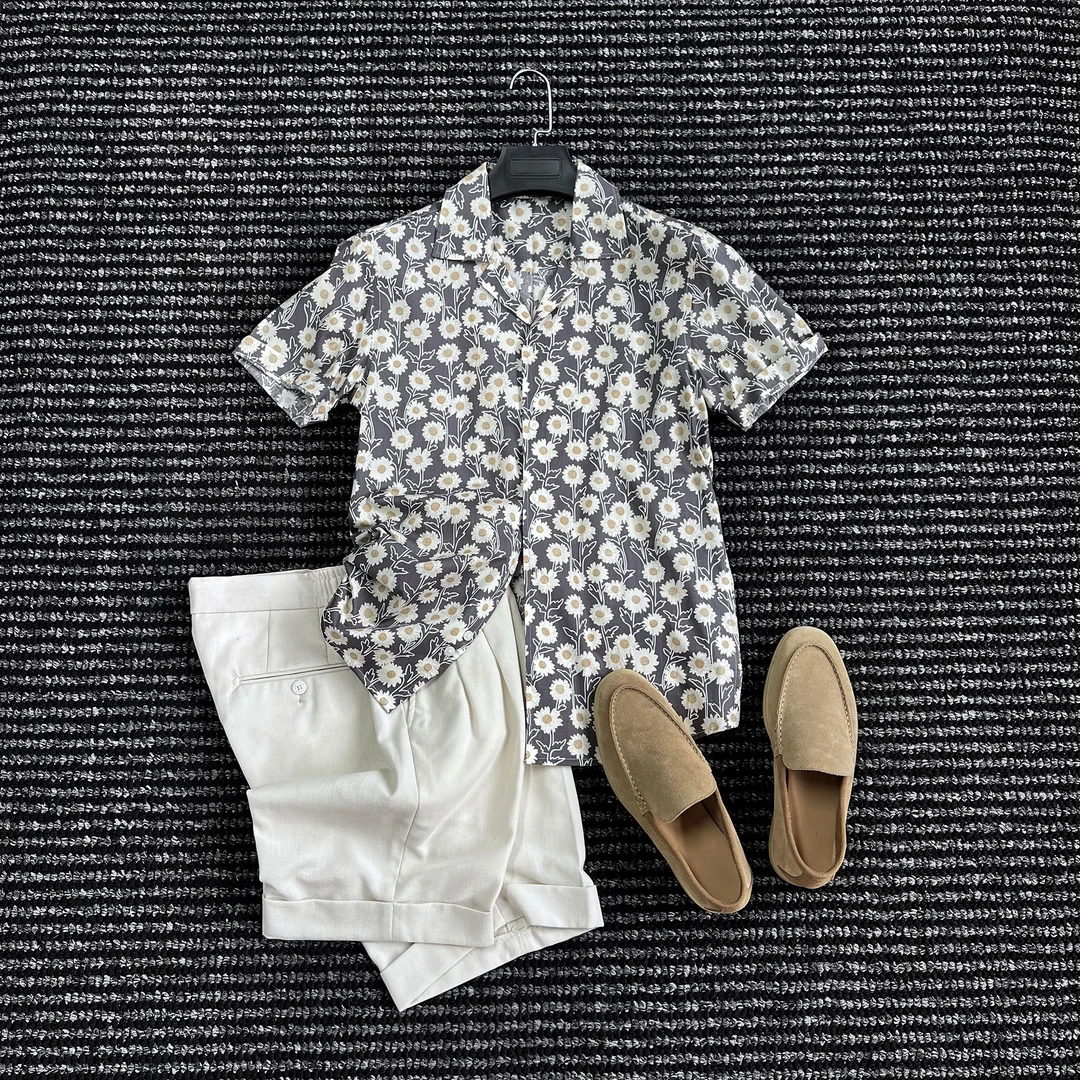 CssuGent那不勒斯皇后100%棉沙滩度假古巴领花衬衫男休闲帅气衬衣