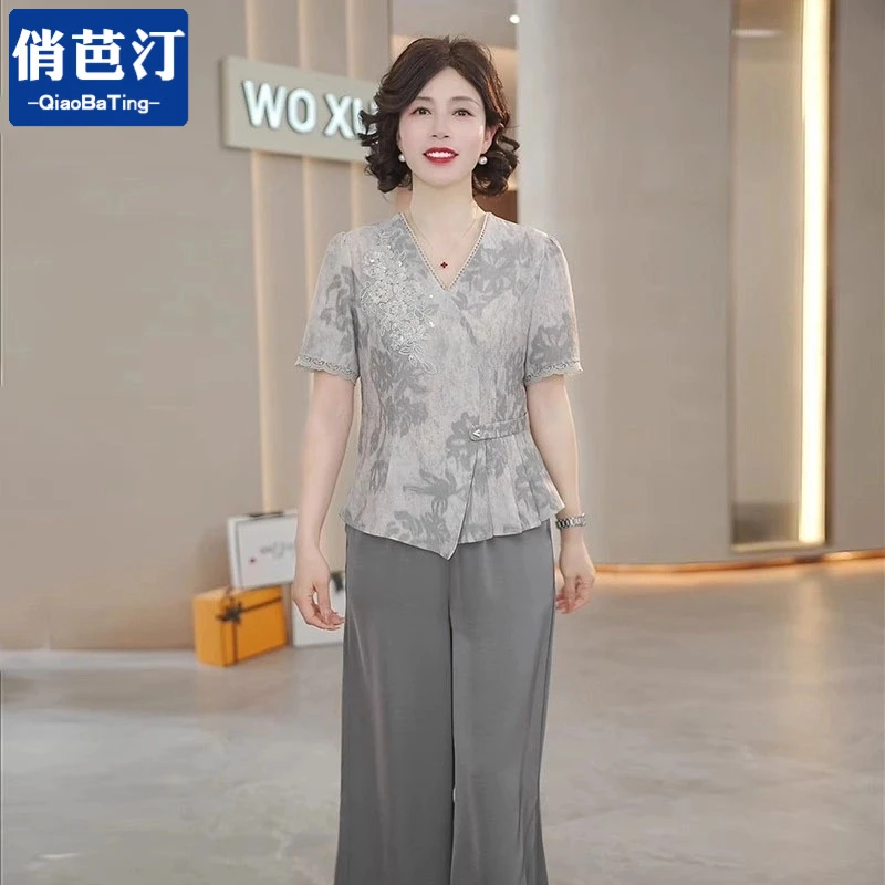 俏芭汀妈妈装夏季小衫洋气套装新款中老年女装时尚t恤上衣两件套