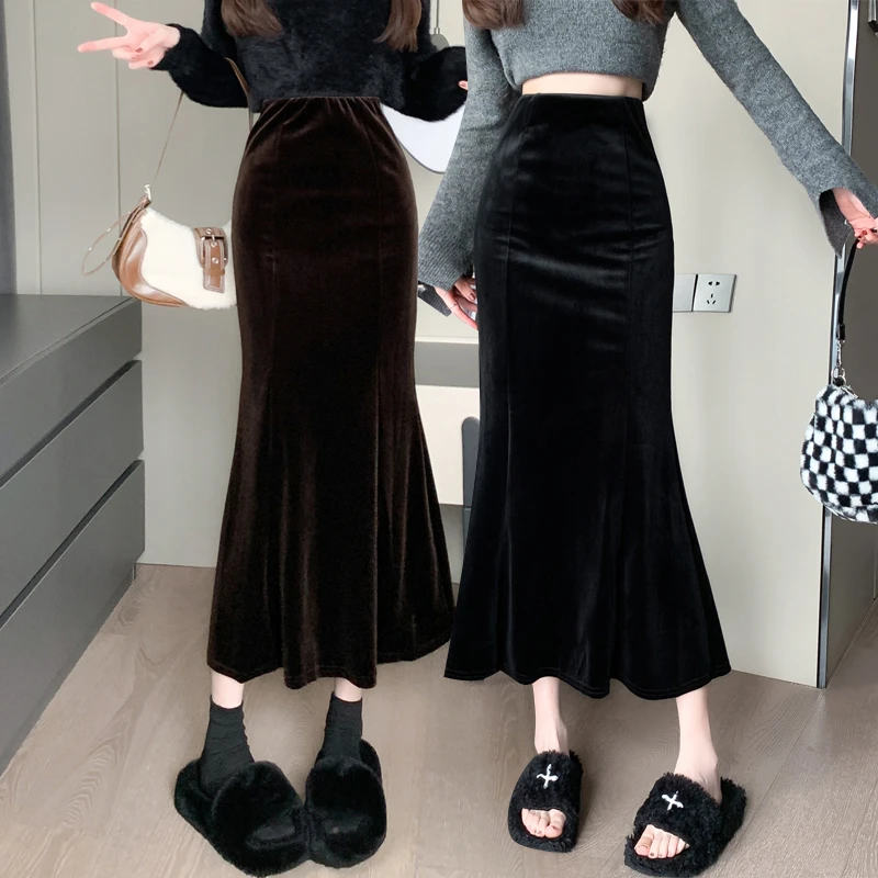 简约小众高腰一步裙女2025秋季新款纯色金丝绒包臀鱼尾半身裙