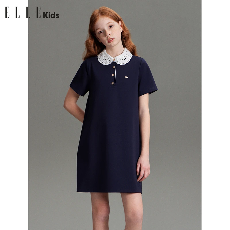 ELLE KIDS 绣花娃娃领连衣裙女童夏季新款法式复古风精致裙子A3