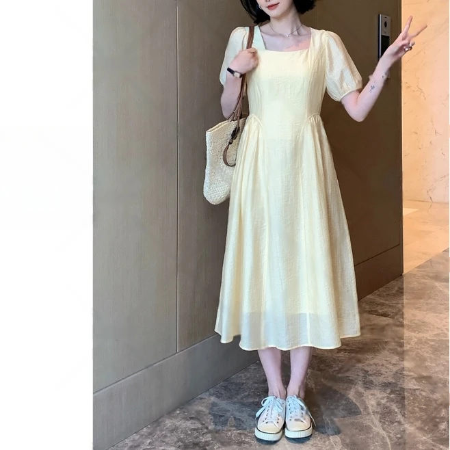 【专柜品质】优雅秘语方领纯色温柔穿搭俏皮时尚短袖连衣裙