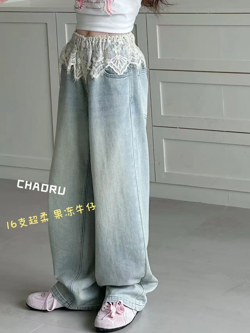 女童蕾丝拼接高腰牛仔裤